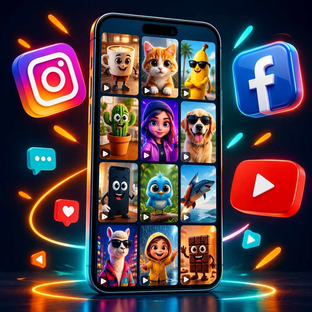 Phone filled with AI-generated viral reels for Instagram, Facebook and YouTube